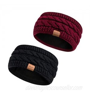 Winter Wool Headband For Women  Warm Knit Thick Fleece Lined Ear Warmer Muffs Head Wrap Messy Bun Ponytail Beanie By Alepo (Black+Burgundy)