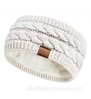 Winter Wool Headband for Women  Warm Thick Fleece Lined Ear Warmer Muffs  Knit Head Wrap Messy Bun Ponytail Beanie (White)