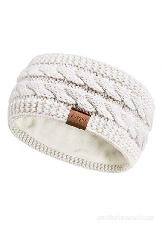 Winter Wool Headband for Women Warm Thick Fleece Lined Ear Warmer Muffs Knit Head Wrap Messy Bun Ponytail Beanie (White)