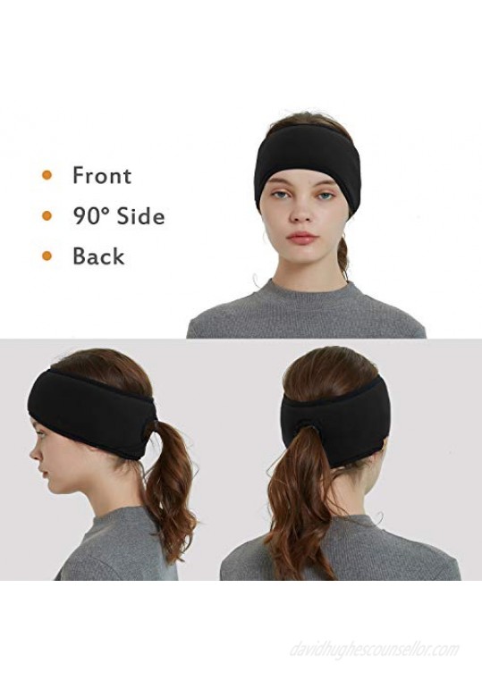 Womens Ponytail Headband-Winter Fleece Ear Warmer Headband Cold Weather Ear Muffs Sport Head Band Wrap Sweatband(Black)