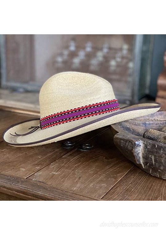 Beaded Hat Band 1 Inch Wide Hatband Hat Accessory Leather Ties Men Brown Red Blue and Black Mayan Design Handmade in Guatemala