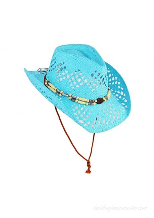 Cute Comfy Flex Fit Woven Beach Cowboy Hat Western Cowgirl Hat with Wooden Beaded Hatband
