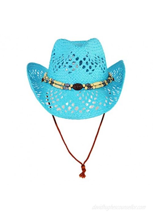 Cute Comfy Flex Fit Woven Beach Cowboy Hat Western Cowgirl Hat with Wooden Beaded Hatband