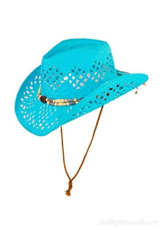 Cute Comfy Flex Fit Woven Beach Cowboy Hat  Western Cowgirl Hat with Wooden Beaded Hatband