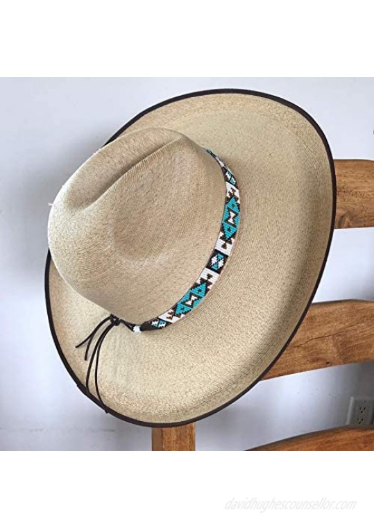 Hat Band Hatbands for Men and Women Leather Straps Cowboy Beaded Bands White Blue Turquoise Gold Handmade in Guatemala 7/8 Inches x 21 Inches