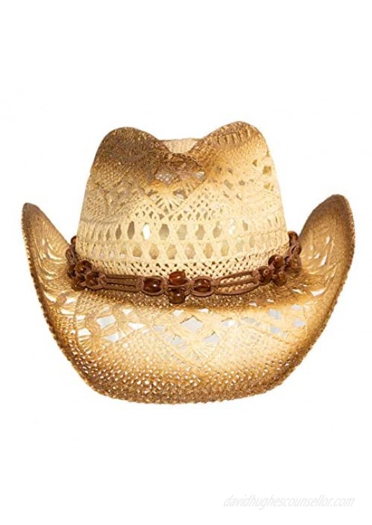 Rising Phoenix Industries Straw Shapeable Beach Cowboy Hat for Women Western Cowgirl Hat with Cute Wood Bead Hatband