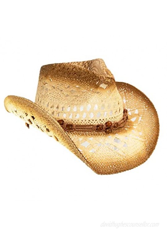 Rising Phoenix Industries Straw Shapeable Beach Cowboy Hat for Women  Western Cowgirl Hat with Cute Wood Bead Hatband
