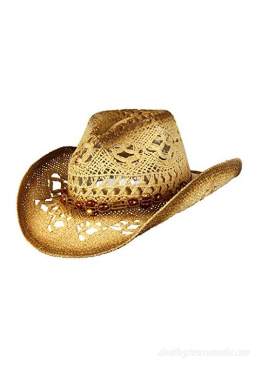 Saddleback Hats Shapeable Toyo Straw Cowboy Hat w/Beaded Trim Band Western Cowgirl Natural One Size