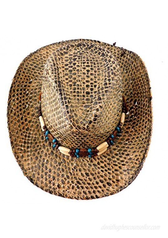 Silver Fever Ombre Woven Straw Cowboy Hat with Cut-Outs Beads Chin Strap (Beige Beaded)