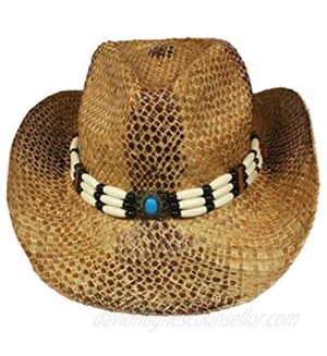 Silver Fever Ombre Woven Straw Cowboy Hat with Cut-Outs Beads  Chin Strap (Beige  Beaded)
