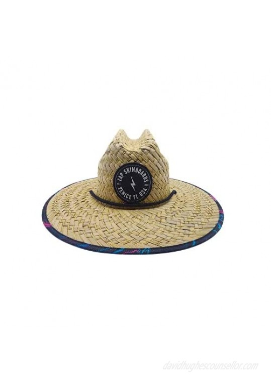 Zap Skimboards - Lifeguard Straw Hat Featuring Woven Zap Logo Patch and Adjustable Drawstring - Colorful Sublimation Resin Art Under Brim