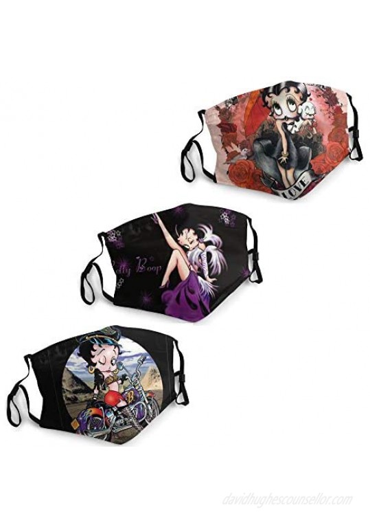 Betty Boop Face Mask Washable 3PC with 6 Filters Mouth Cover Reusable Men's Women's Balaclava Face Cover Made in USA