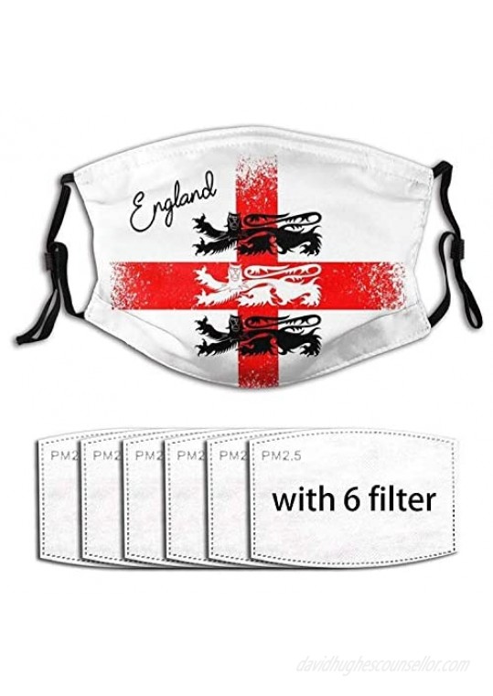 Distressed England Flag with Three Lions Men Women Adjustable Earloop Face Cover MAK Anti Pollution Washable Reusable with 6 Filters