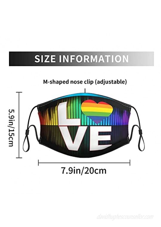 Love Rainbow Heart LGBT Gay Pride Face Masks Adjustable Washable Reusable Mouth Cover for Men Women (with 2 Filters)