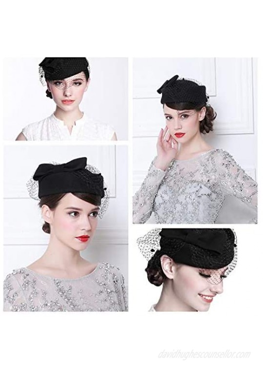 Aniwon Pillbox Hat Wedding Hat with Veil Vintage Bow Fascinator Hats for Women