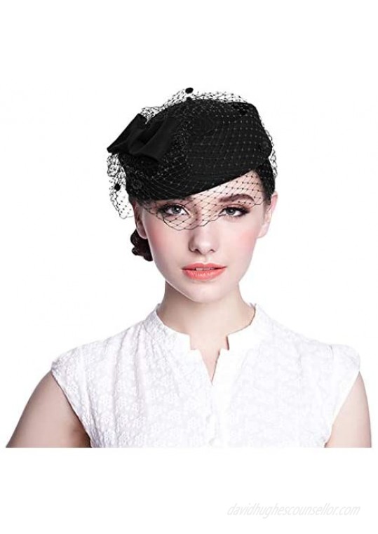 Aniwon Pillbox Hat  Wedding Hat with Veil Vintage Bow Fascinator Hats for Women