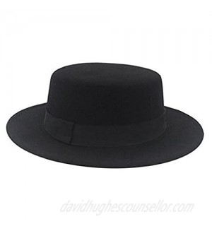 ASTRQLE Fashion Black Wool Blend Flat Brim Elegant Fedora Hat Panama Style Bowler Cap Jazz Hat with Belt for Winer Autumn