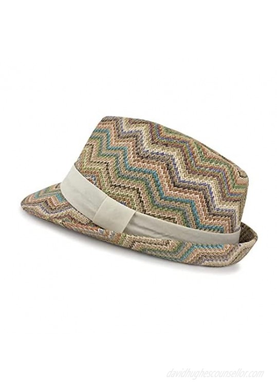 Bohemian Summer Straw Fedora Hat with Chevron Zigzag Pattern