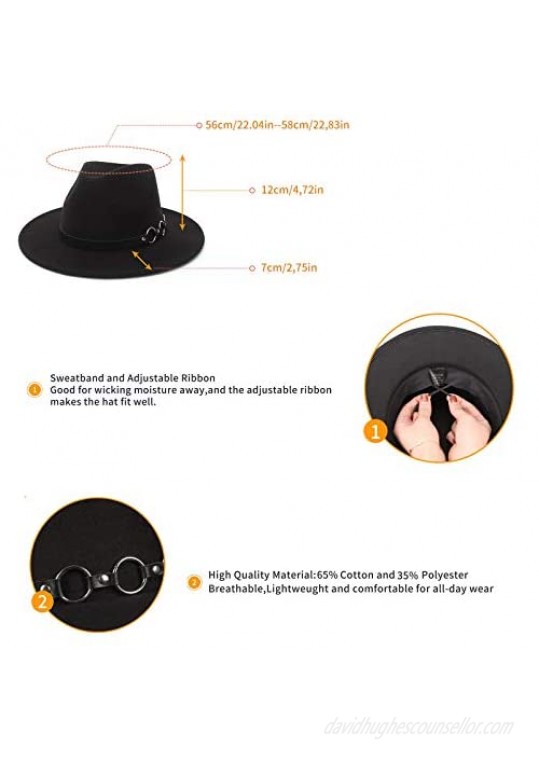 EOZY 2 PCS Fedora Hats for Women Classic Wide Brim Fedora Hat with Belt Buckle Felt Panama Hat for Women Girls