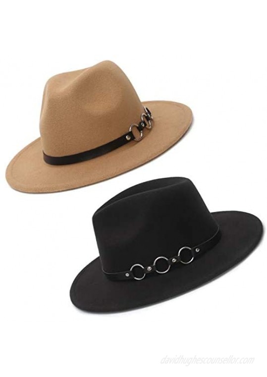 EOZY 2 PCS Fedora Hats for Women  Classic Wide Brim Fedora Hat with Belt Buckle Felt Panama Hat for Women Girls