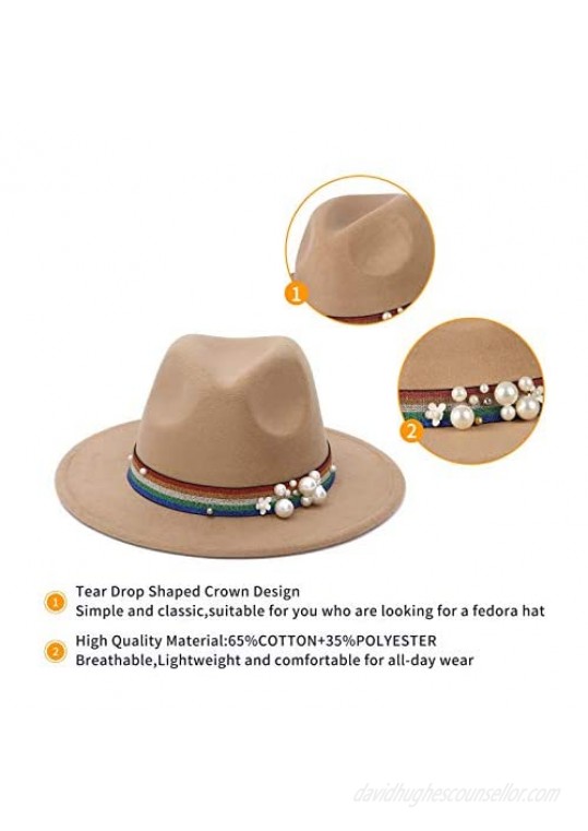 EOZY Fedora Hats for Women Trendy Felt Panama Hat Wide Brim Pearl Belt Jazz Hat