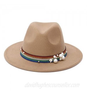 EOZY Fedora Hats for Women Trendy Felt Panama Hat Wide Brim Pearl Belt Jazz Hat
