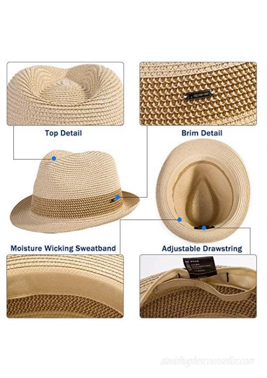 Fancet Packable Straw Fedora Panama Sun Summer Beach Hat Cuban Trilby Men Women 55-64cm