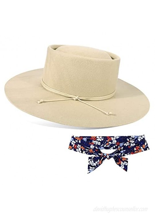 FEMSÉE Fedora Hats for Men Women 100% Wool Felt Hat Vintage Wide Brim Western Sun Hat with Brush or Two Tone Headbands