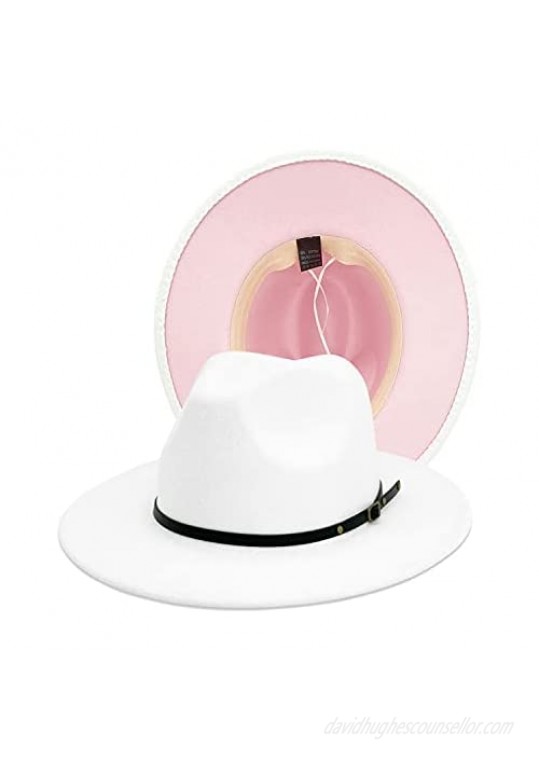 Gossifan Fedora Hats for Women Wide Brim Two Tone Felt Panama Hat with Belt Buckle