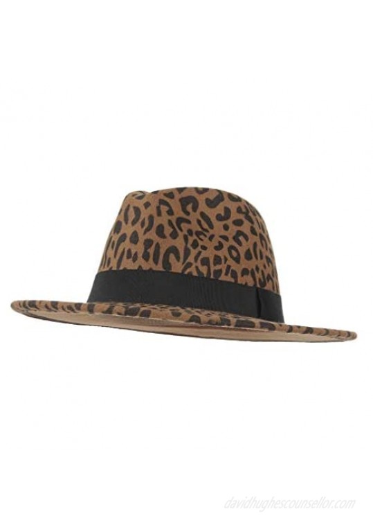 Jelord Women's Vintage Leopard Print Fedora Wool Hat Wide Brim Panama Trilby Wool Felt Hat with Band