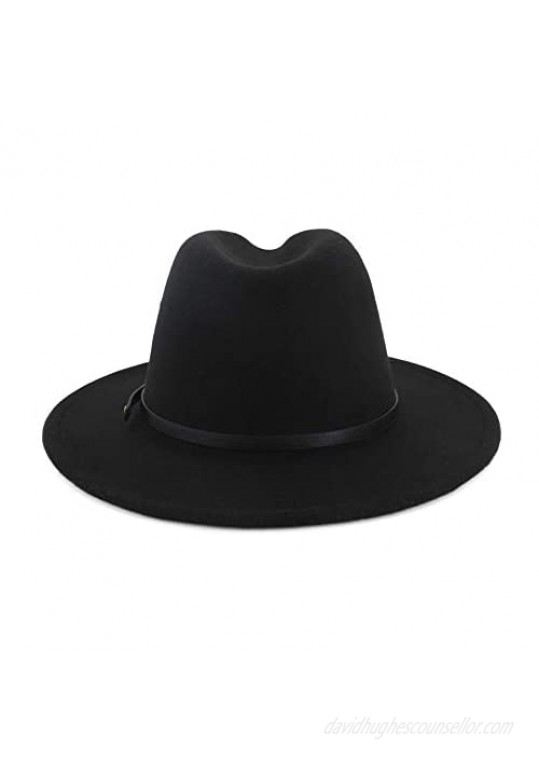 KTKA Women Jazz Cap Black Red Patchwork Wool Felt Fedora Hats Belt Buckle Decor Unisex Wide Brim Cowboy Cap Sunhat