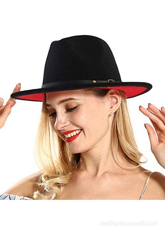 KTKA Women Jazz Cap  Black Red Patchwork Wool Felt Fedora Hats Belt Buckle Decor Unisex Wide Brim Cowboy Cap Sunhat