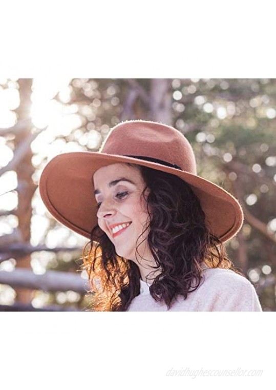 Lanzom Women Classic Wide Brim Wool Fedora Hat with Belt Buckle Felt Panama Hat