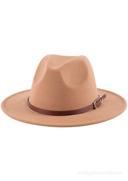 Lanzom Women Classic Wide Brim Wool Fedora Hat with Belt Buckle Felt Panama Hat