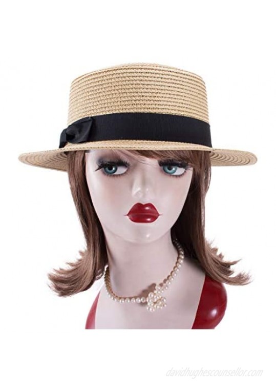 Lawliet Womens Straw Boater Hat Fedora Panama Style Flat Top Ribbon Summer A456