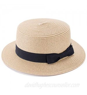 Lawliet Womens Straw Boater Hat Fedora Panama Style Flat Top Ribbon Summer A456