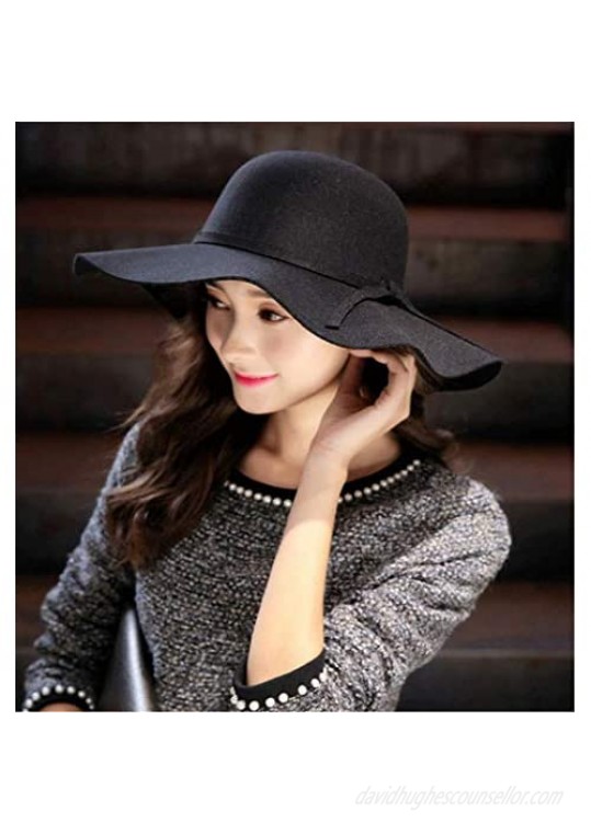 liboyixi Women's Fashion Wide-Brimmed Fedora hat Ladies Bowknot Wool Felt hat