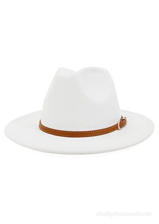 Lisianthus Women White Fedora Wide Brim Panama Hats with Color Belt Buckle