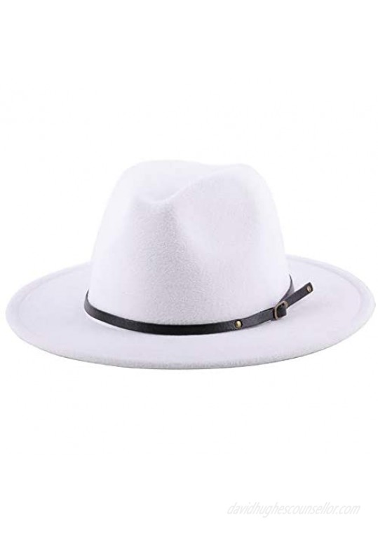 Womens Classic Wide Brim Fedora with Belt Buckle Wool Panama Felt Hat