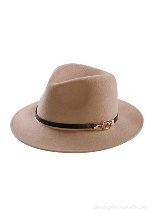 Womens Fedora Hat 100% Wool Wide Brim Felt Panama Sun Hats Vintage Trilby Cap with Buckle