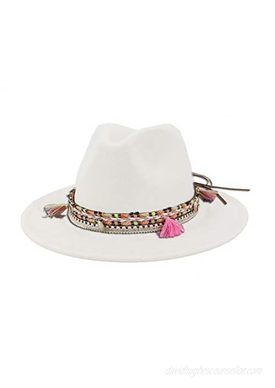 Women's Felt Fedora Hat Wide Brim Panama Hats with Tassel