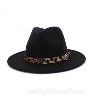 Women's Leopard Felt Panama Hats Classic Wide Brim Fedora with Belt Buckle - Medium