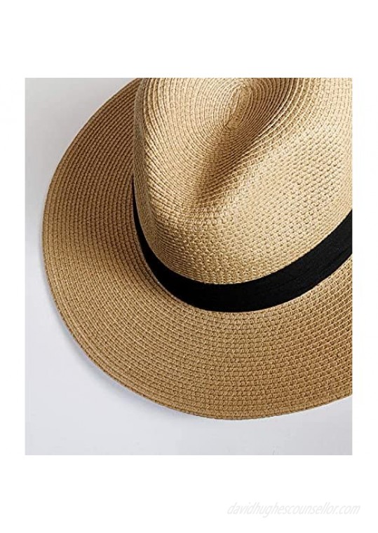 Womens Mens Wide Brim Straw Panama Hat Fedora Summer Beach Sun Hat UPF Straw Hat for Women