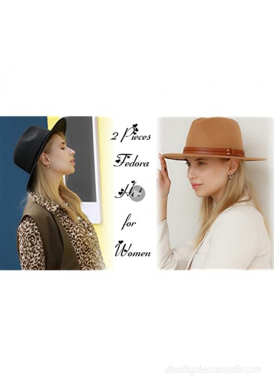 XANNOU 2 PCS Fedora Hats for Women Wide Brim Fedora Hat with Belt Buckle Felt Panama Hat for Women Girls
