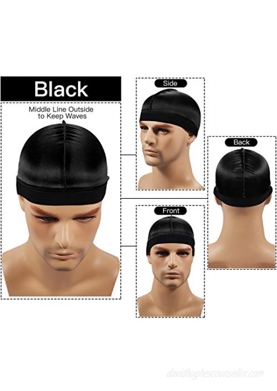 2pcs Silky Stocking Wave Cap Satin Doo Rags Compression Cap for Men for 360 540 720 Waves (2pc Black)