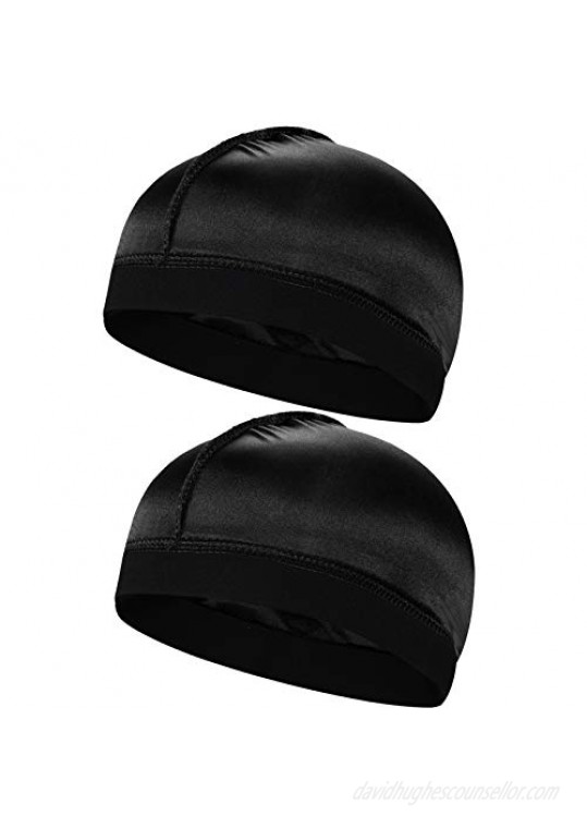 2pcs Silky Stocking Wave Cap  Satin Doo Rags Compression Cap for Men  for 360 540 720 Waves (2pc Black)