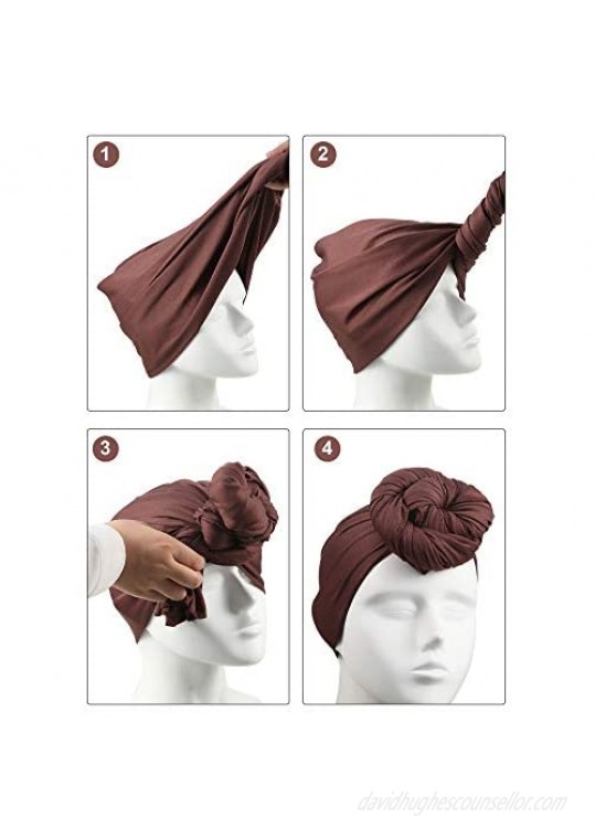 4 Pieces Head Scarf Turban Long Hair Head Wrap Scarf Soft Stretch Headwrap Headband Solid Color Turban Tie (Black White Grey Brown)