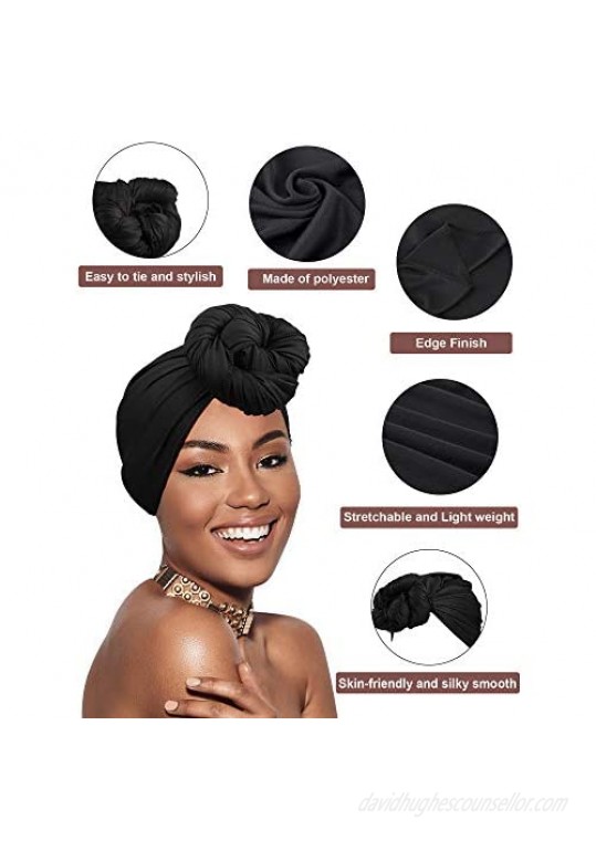 4 Pieces Head Scarf Turban Long Hair Head Wrap Scarf Soft Stretch Headwrap Headband Solid Color Turban Tie (Black White Grey Brown)