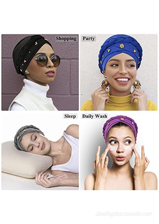 6 Packs Women Turban Cap Beaded Headscarf Hat Braid Head Wrap Beaded Head Wrap
