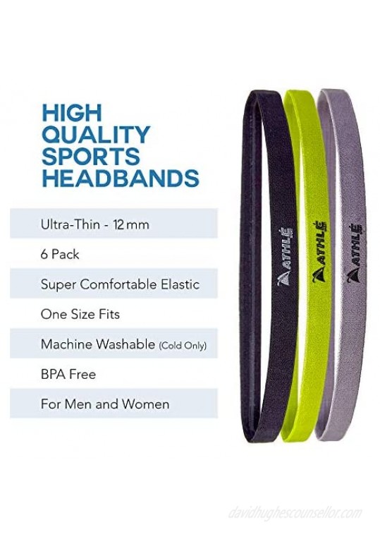 Athlé Skinny Sports Thin Headbands 6 Pack - Men’s and Women’s Elastic Hair Bands with Non Slip Silicone Grip - Lightweight and Comfortable Sweatbands Keep You Cool and Dry